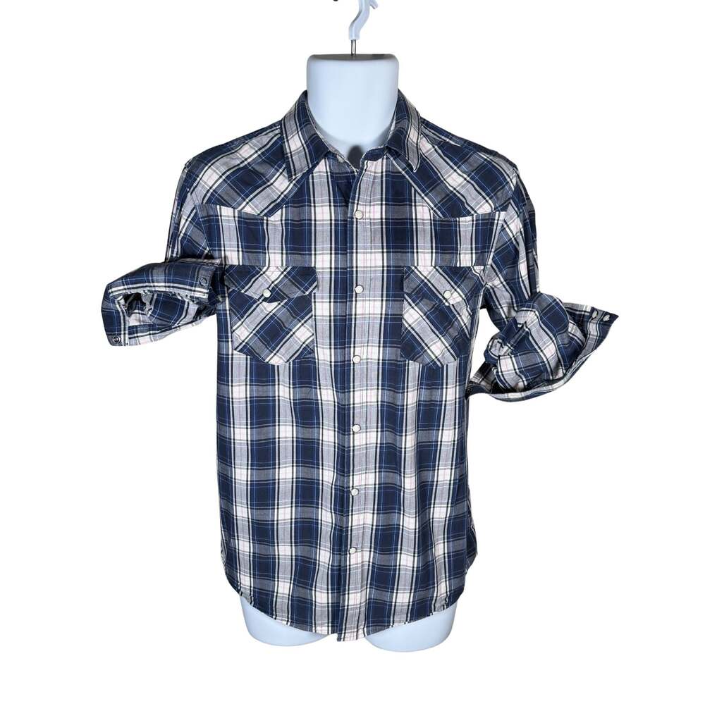 Double Pump Men's Western Long Sleeve Plaid Pearl Snap Button Down Shirt